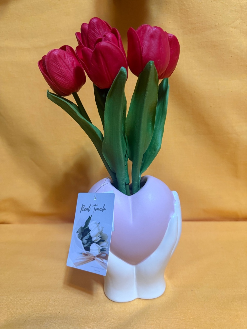 Real Touch Red Tulip Arrangement in Pink & White Ceramic Vase